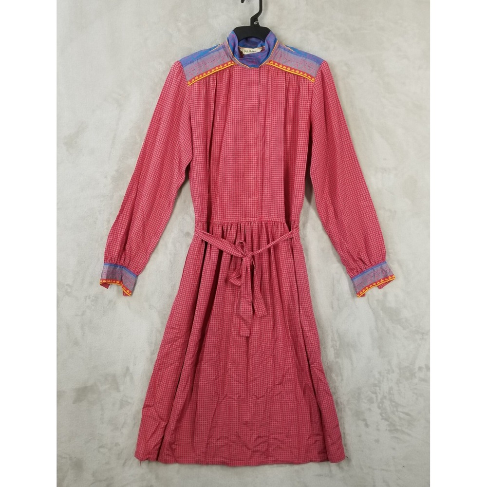 Vintage Dress Women 12 Red Check Button Front Long Sleeve Cottage Prairie Modest